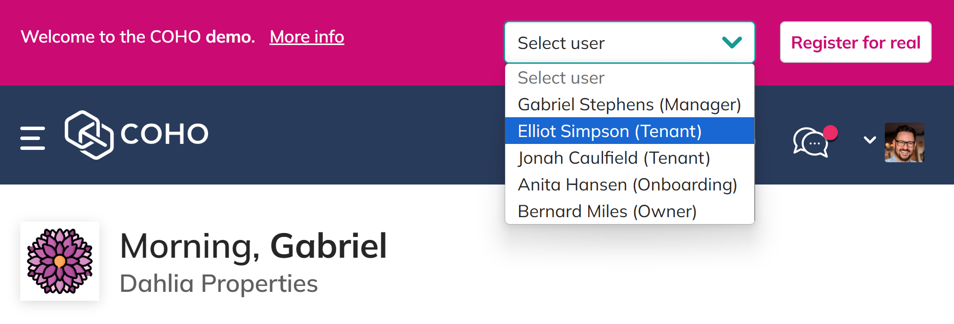 Screenshot of a COHO Demo Account showing the user select toggle