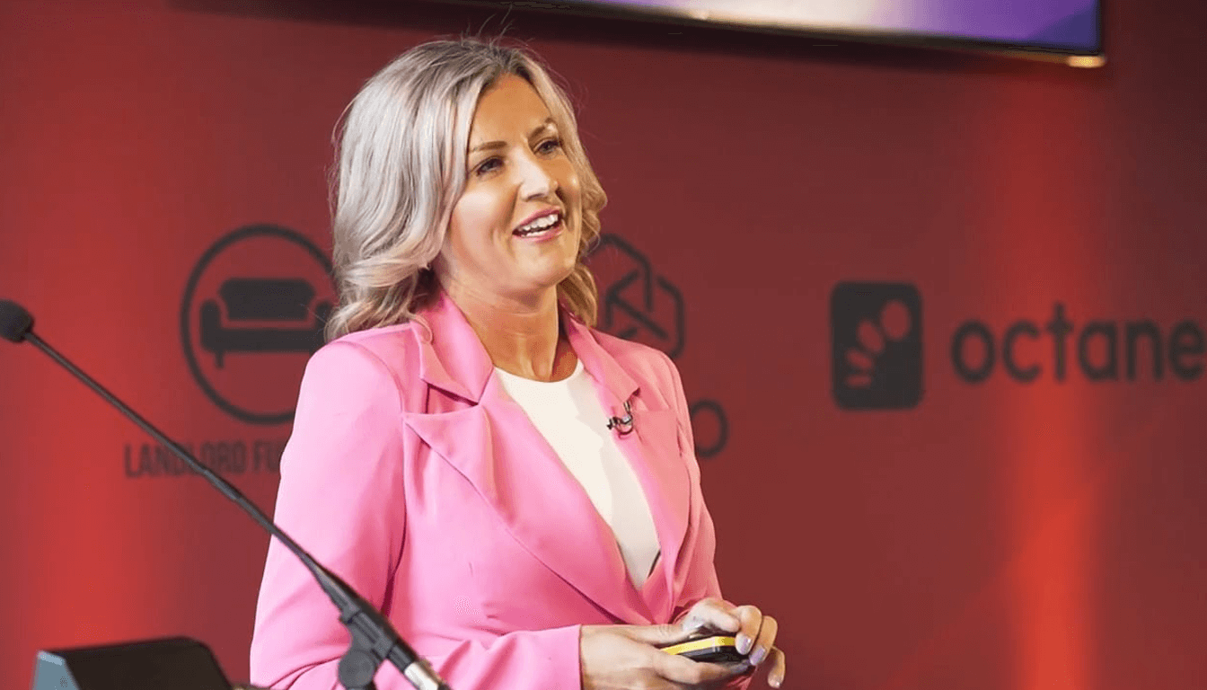 Kim McGinley speaking at the HMO Awards